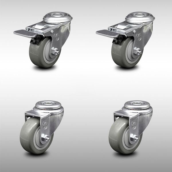 3 Inch SS Gray Polyurethane Swivel Bolt Hole Caster Set with 2 Total Lock Brake